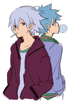 two anime characters one with blue hair and the other with purple hair