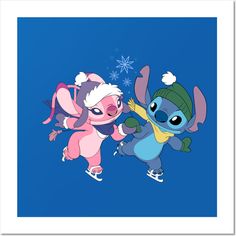 two cartoon characters are skating together on a blue background with snowflakes and stars