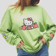 Hello Kitty And Friends By Sanrio. This Tee Has Super Cute Hello Kitty Graphics On The Front Exterior. The Fruit Long Sleeve T-Shirt Has An Oversized Fit. Light Green Color Tee With Crew Neckline Hello Kitty Graphics Oversized Fit One Size Fits Most Fits Like A Women's Size Xl. New With Tags And In Excellent Condition. From A Smoke-Free Home. Cute Long Sleeve T-shirt For Spring, Kawaii Fall Streetwear Tops, Fall Kawaii Tops For Streetwear, Kawaii Tops For Fall Streetwear, Fall Kawaii Streetwear Tops, Trendy Long Sleeve Cartoon Print Tops, Cute Long Sleeve Tops For Streetwear, Trendy Long Sleeve Tops With Cartoon Print, Casual Long Sleeve Top With Cat Print