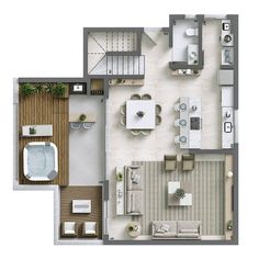 an overhead view of a two bedroom, one bath apartment with living room and dining area