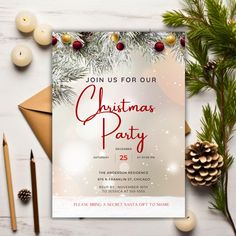 a christmas party flyer with pine cones, candles and other holiday decorations on a table