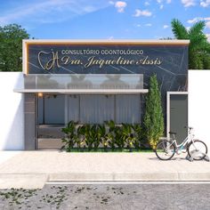 a bike is parked in front of the entrance to a building that has plants growing out of it