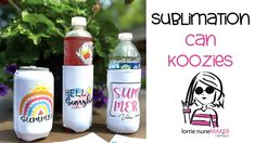 three water bottles with the words sublimation can koozies written on them