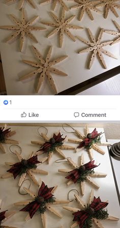 two pictures side by side one has wooden sticks and the other has fake snowflakes on them