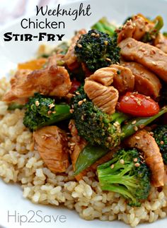 chicken and broccoli stir fry on top of brown rice in a white bowl