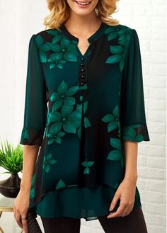 Stylish Tops For Girls, Trendy Tops, Trendy Fashion Tops, Trendy Tops For Women Page 2 Green Printed Half Sleeve Blouse, Green Top With 3/4 Sleeves And Button Closure, Elegant Green Blouse With 3/4 Sleeves, Green Floral Print Blouse With Split Neck, Cheap Womens Tops, Large Floral Print, Womens Trendy Tops, Trendy Tops For Women, Trendy Fashion Tops