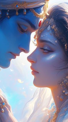 two people are dressed in blue and gold, one is kissing the other's forehead