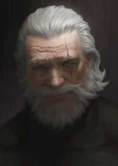 an old man with white hair and a beard is staring at something in the distance