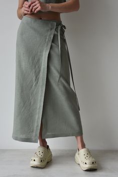 Green Linen Skirt, Wrap Skirt Outfit, Long Straight Skirt, Linen Wrap Skirt, Linen Style Fashion, Rok Outfit, Wrapped Skirt, Linen Kimono, Belted Skirt