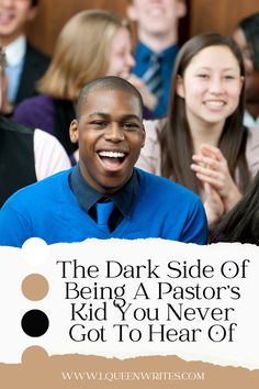 a group of people standing next to each other in front of a sign that says, the dark side of being a pastor's kid you never got to hear off