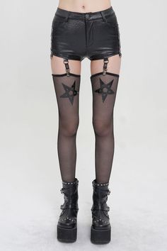 The main material is made of super-elastic knitted leather fabric, the legs are made of mesh material to make stockings design, and the upper circumference of the stockings is made of glazed leather to make a five-pointed star design,The bottom part can be removed. Color:  Black Materials:  Synthetic Leather30% Polyester60% Notice:  Other Accessories Are Not Included Style Types:  Punk Version:  Fitted Soft Index:  Fit Elastic Index:  Inelastic Size Length (in) Waist (in) Hip (in) XS 9.1 25.6 30 Japanese Fashion Casual, Bird Clothes, Punk Shorts, Style Types, Stocking Designs, Wolf Painting, Punk Rock Fashion, Five Pointed Star, Star Design