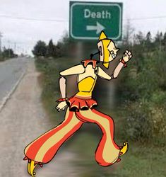 an image of a cartoon character running down the road with a sign in the background