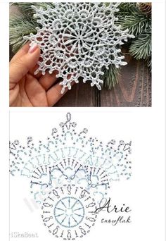 two pictures showing how to crochet an ornament in the shape of a snowflake