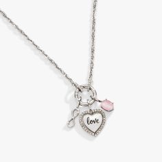 Love is the heart of everything we do and everything we are. Wear the Love Trio Interchangeable Charm Necklace as a reminder that when you keep your heart open, the love you put into the world will always come back to you. This necklace has a cubic zirconia-embellished heart charm engraved with the word “love,” an infinity sign embellished with glass pearls as a reminder that love is forever, and a genuine rose quartz crystal accent charm on a silver stainless steel link chain. A new, interchang Keep Your Heart Open, Interchangeable Necklace, Love Is Forever, Infinity Sign, Best Friend Necklaces, Word Love, Necklace Design, Aunt Gifts, Charm Bangle