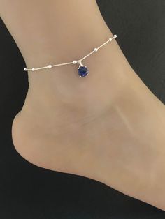 Blue Sapphire Anklet Sterling Silver Beaded Ankle Bracelet | Etsy Silver Anklets Designs, Blue Anklet, Wedding Anklets, Ankle Bracelets Diy, Beaded Ankle Bracelets, Charm Anklet, Silver Model, Beautiful Anklet, Anklet Designs