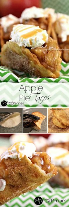 apple pie tarts with whipped cream on top and an image of apples in the background