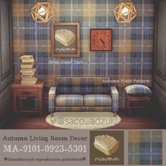 a living room with plaid wallpaper and furniture