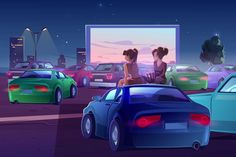 two people sitting on top of cars in front of a movie screen