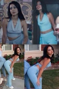 four different pictures of women in blue outfits