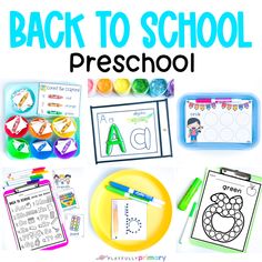 the back to school preschool math and literacy pack is shown with an image of books, pens