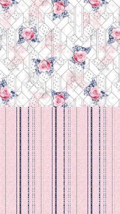 pink and blue striped wallpaper with roses on it's diagonal stripes in the center