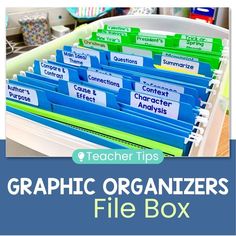 an organized file box with text overlay reading graphic organizers for teachers and students to use