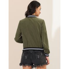 The jacket would be perfect with pants for a fun casual look. The jacket has a contrast ribbed collar, cuffs and hem, which may become a staple in your wardrobe. Perfect to wear it with straight high-rise jeans and sneakers. The light jacket has a classic bomber jacket style, with a zip front, elasticated neck, cuffs and waistband, and a regular fit. Casual Cotton Varsity Jacket With Stand Collar, Trendy Outerwear With Baseball Collar And Pockets, Trendy Outerwear With Pockets And Baseball Collar, Casual Green Varsity Jacket With Ribbed Cuffs, Casual Cotton Varsity Jacket With Striped Cuffs, Green Casual Outerwear With Baseball Collar, Casual Varsity Jacket With Stand Collar And Pockets, Casual Green Outerwear With Baseball Collar, Casual Varsity Jacket With Stand Collar For Spring