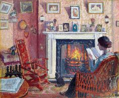 a painting of a woman sitting in front of a fire place with a book on her lap