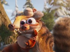 an animated squirrel with big eyes holding onto another animal