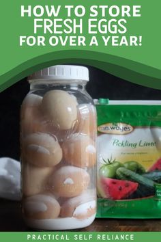 a jar filled with eggs sitting on top of a wooden table next to a bag of fresh