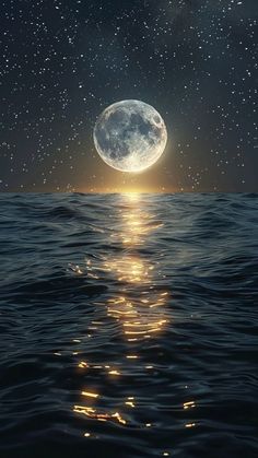 the moon is reflected in the water as it rises above the ocean and shines brightly