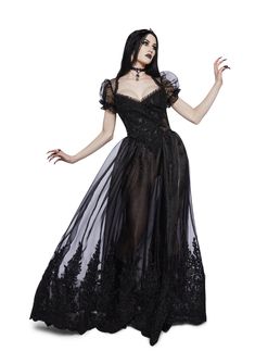 where for out thou lover. This maxi dress has a sheer lace construction, ruffled puff sleeves, floral appliques, and a lace trim. Goth Dress Long, Persephone Outfit, Widow Clothing, Gothic Masquerade, Emo Prom, Witchy Dresses, Goth Gown, Classy Goth, Thrift Manifestation