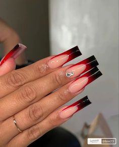 Red And Black Nails French Tips, Black N Red Nails, Red N Black Nails, Revenge Nails, Red And Black Prom Nails, Black And Red French Tip Nails, Red And Black Nails, Ballerina Acrylic Nails, Red Ombre Nails