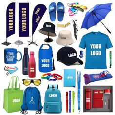 various promotional items displayed on white background with clipping for custom logo and brand name