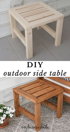 the diy outdoor side table is made out of wood and has two different sides