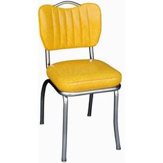 a yellow chair sitting on top of a metal frame