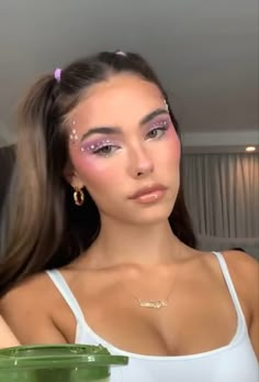 Bejeweled Eye Look, Make Up For Festival Music, Taylor Swift Concert Hair And Makeup, Edc Makeup Ideas Festivals, Coldplay Concert Makeup, Karol G Concert Makeup Ideas, Mora Concert Outfits, Hslot Hairstyle, Coachella Makeup Glitter