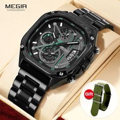 Product Information: The MEGIR Black Quartz Watch showcases a sleek and modern design with a square dial, exuding sophistication and style. Chronograph Watch With Rectangular Dial, Modern Rectangular Outdoor Watch, Black Chronograph Watch With Rectangular Dial, Outdoor Wear-resistant Watch With Rectangular Dial, Black Wear-resistant Watch With Rectangular Dial, Black Rectangular Analog Watch, Black Rectangular Watch Accessories For Outdoors, Black Rectangular Watch Accessories For Outdoor, Rectangular Black Wear-resistant Watch Accessories