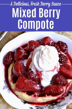 a close up of a plate of food with strawberries and whipped cream on top