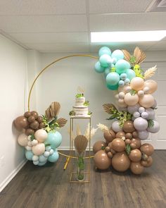 balloons and cake on display in an office