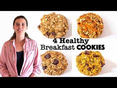 a woman standing in front of four cookies with the words 4 healthy breakfast cookies on it