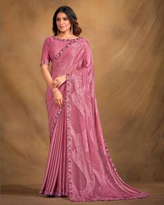 Expertly crafted with sequins/film jacquard georgette fabric, this pink saree features stunning embroidery that includes sequins, stones, moti, cord and thread work along the border. Complete with a matching blouse fabricated in malai satin fabric also boasts intricate embroidery on the neckline and sleeves, this saree is a perfect blend of elegance and style. Satin Blouse Designs For Saree, Satin Blouse Designs, Blouse Designs For Saree, Full Sleeves Blouse, Pink Sari, Light Baby Pink, Ruffle Sarees, Ruffle Saree, Saree Design