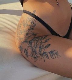 Thigh Piece Tattoo For Women Unique, Side Of Hip Tattoos Women, Rib And Hip Tattoos For Women, Back Hip Tattoos Women, Hip Floral Tattoo, Flower Thigh Tattoos Women, Hip Tattoos Women Side Thighs, Big Flower Tattoos, Rose Hip Tattoo