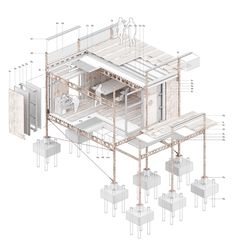 an architectural drawing of a house with all the components labeled in white and blue lines