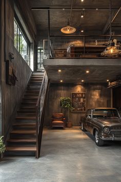 an old car is parked in front of a staircase leading up to the second floor