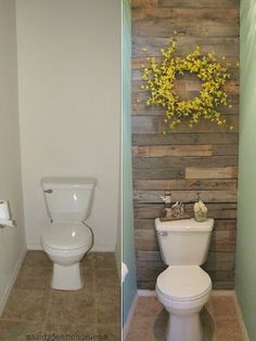 two pictures side by side one has a toilet and the other has a wreath with flowers on it