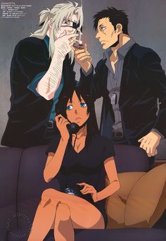 two anime characters sitting on a couch talking on their cell phones while one looks at his phone