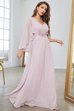 Blush A Line Chiffon Long Formal Dress With Short Sleeves Dresses With Short Sleeves, Rehearsal Dinner Party, Wedding Mother Of The Bride, Lovely Wedding Dress, Mini Prom Dresses, Long Formal Dress, Grey Bridesmaid Dresses, Burgundy Bridesmaid Dresses, Dress With Short Sleeves