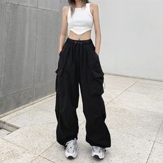 Lovemi - Women’s Fashion Loose Large Wide Leg Pants - Black Little Top Big Pants, Oversized Overalls, Celana Kargo, Y2k Cargo Pants, Sweatpants Streetwear, Streetwear Cargo Pants, Celana Fashion, Tech Pants, Y2k Women