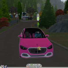 a pink car driving down a street next to a green light with trees on both sides